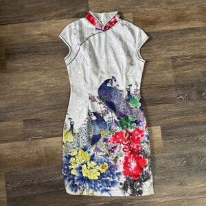 Vintage Chinese Peacock Floral Scene Dress S EUC Mini
